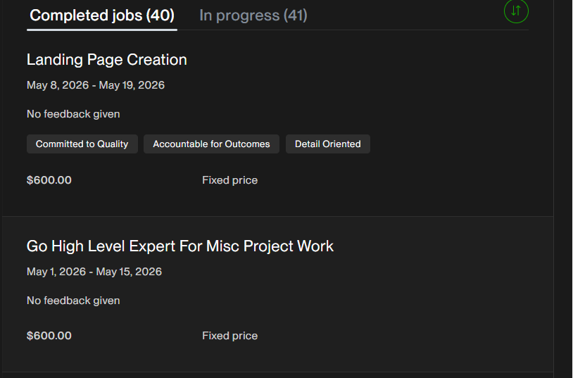 Trabajos completados en Upwork — 40 completados, 41 en progreso