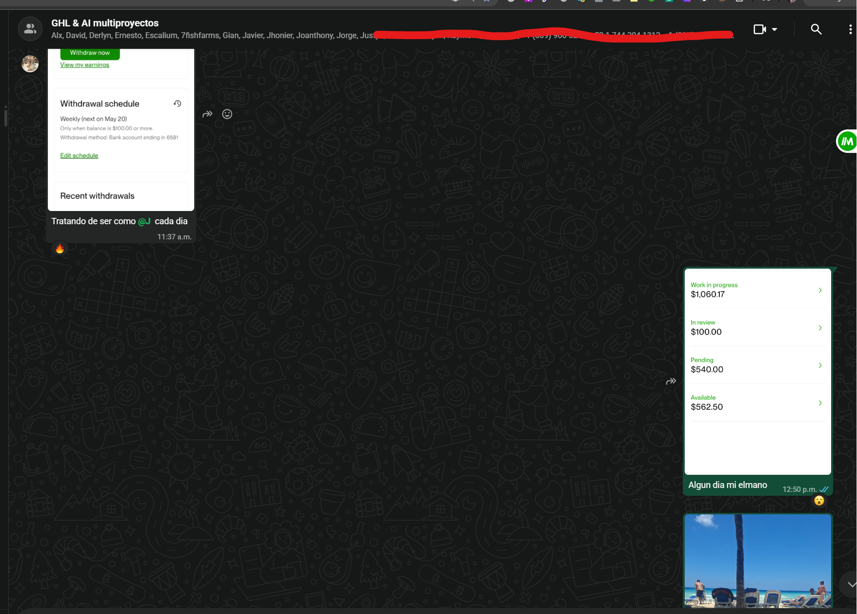 Upwork earnings dashboard de un miembro — $1,060 work in progress