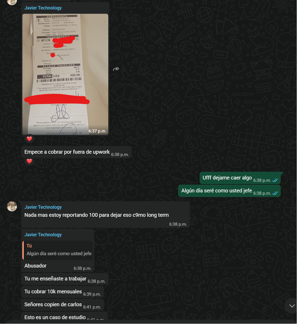 Recibo de transferencia $400 USD cobrado fuera de Upwork
