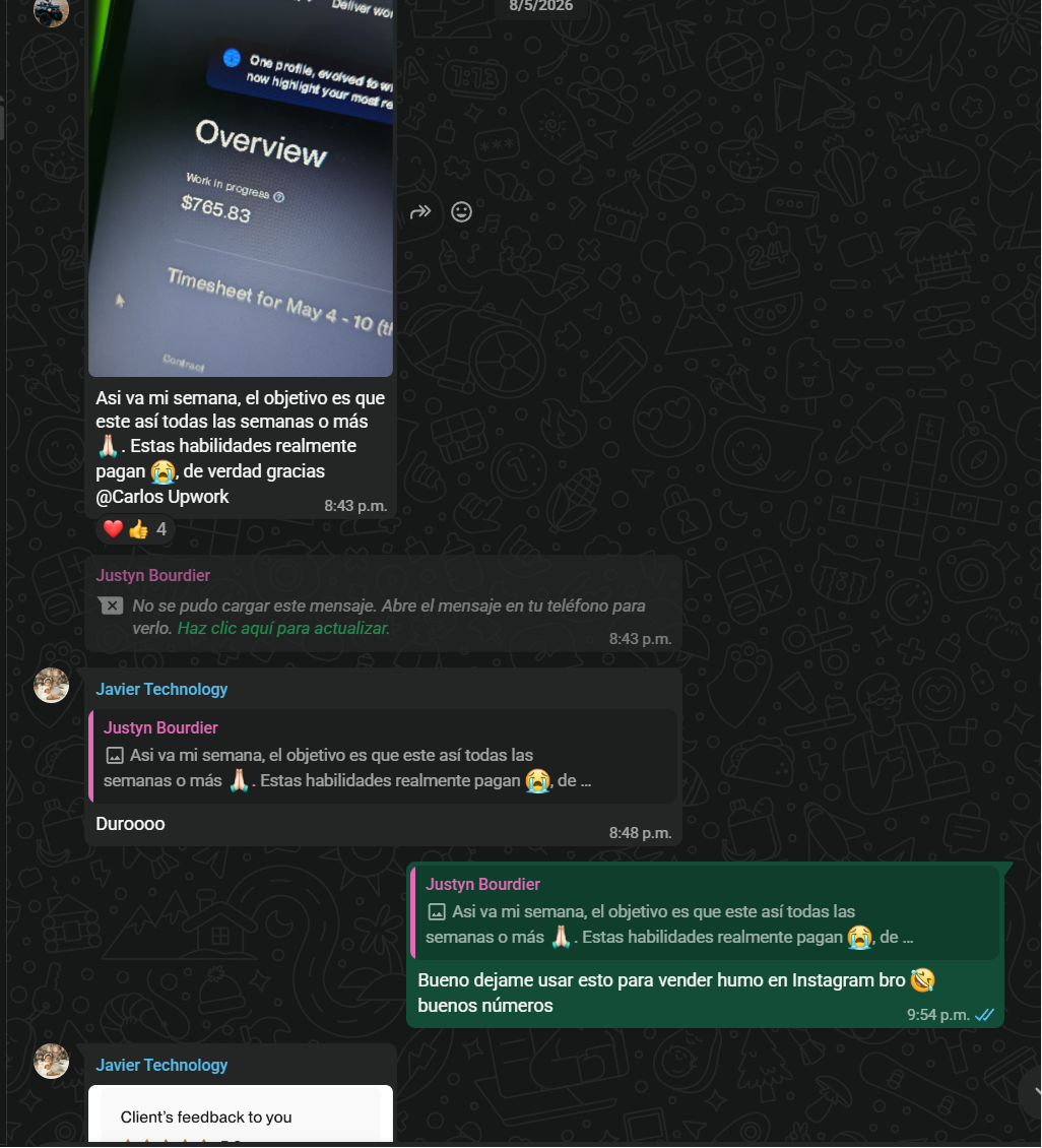 Captura Upwork: $765 work in progress en una semana